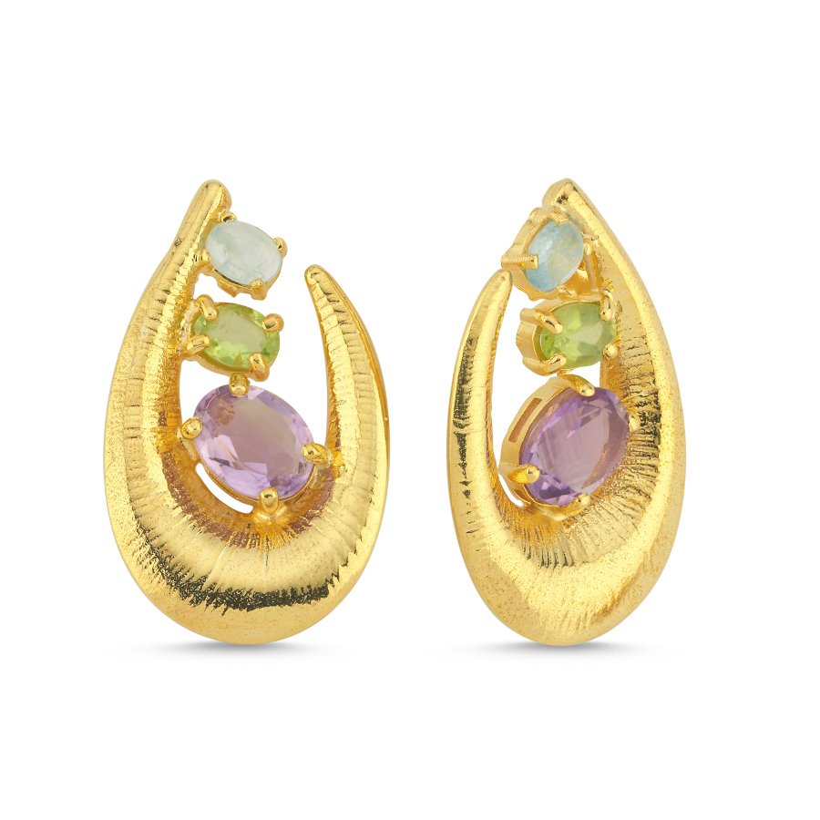 Ametist Peridot Akuamarin Taşlı Kadın Gümüş Küpe - CNG Jewels
