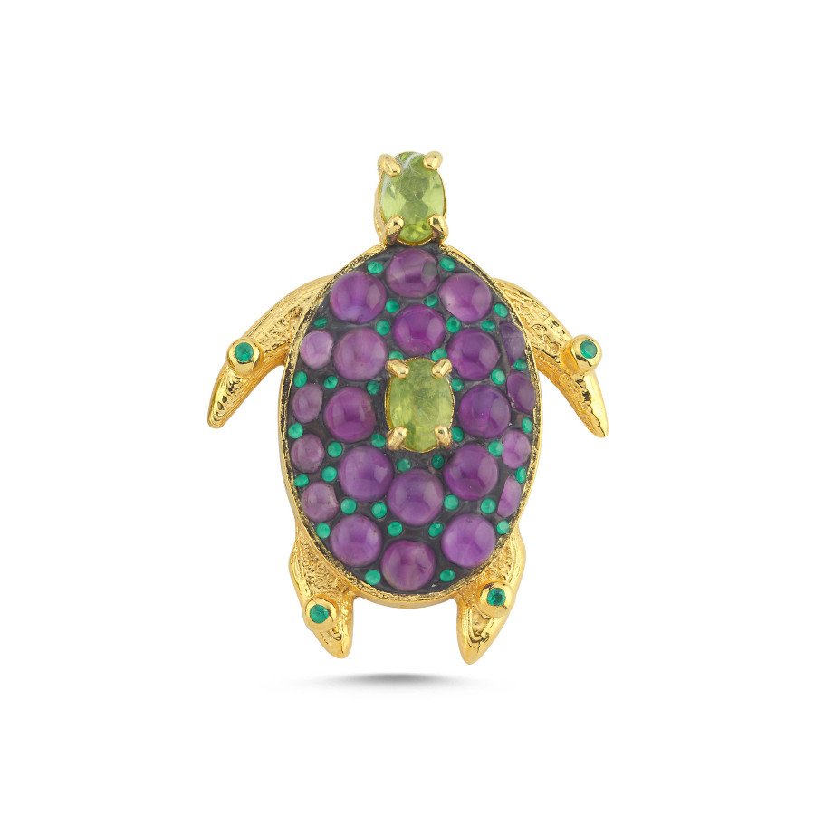 Ametist Peridot Taşlı Tasarım Caretta Kaplumbağa Gümüş Kolye Ucu - CNG Jewels