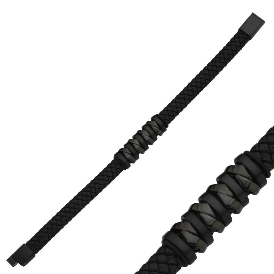 Asimetrik Siyah Bantlı Derili Çelik Erkek Bilekliği - 2