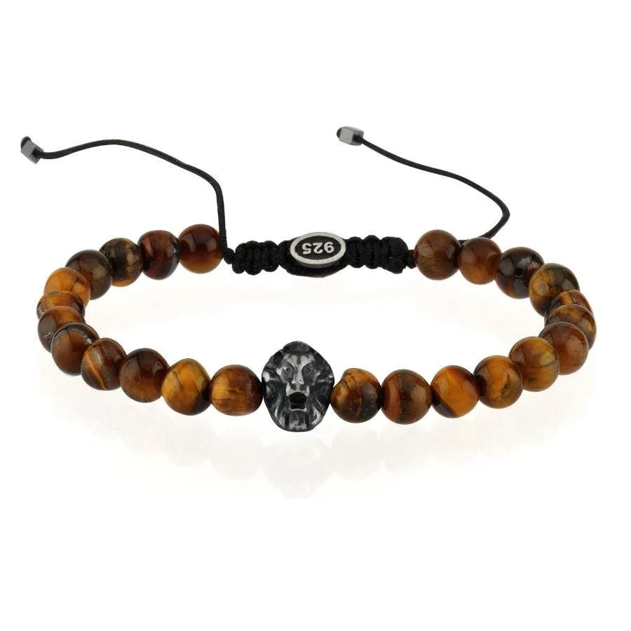 Aslan Kafası Kaplangözü Taşlı Makrome Gümüş Erkek Bilekliği - 1