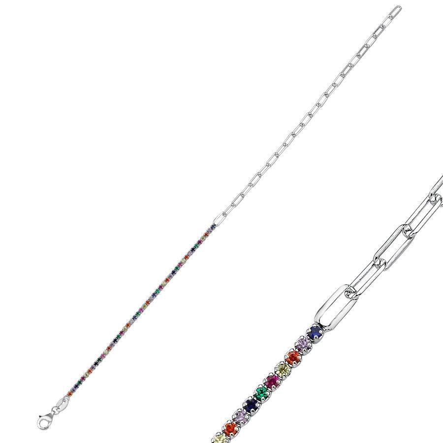 Ataş Zincirli Renkli Taşlı Suyolu Kadın Gümüş Bileklik - CNG Jewels