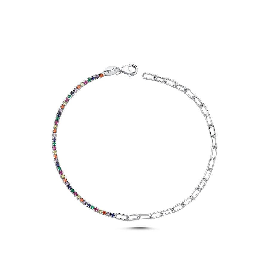 Ataş Zincirli Renkli Taşlı Suyolu Kadın Gümüş Bileklik - CNG Jewels (1)