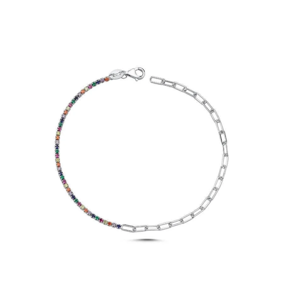 Ataş Zincirli Renkli Taşlı Suyolu Kadın Gümüş Bileklik - 2