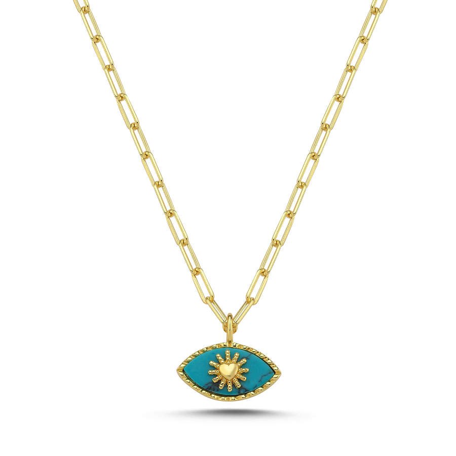 Ataş Zincirli Turkuaz Kalpli Göz Kadın Gümüş Kolye - CNG Jewels