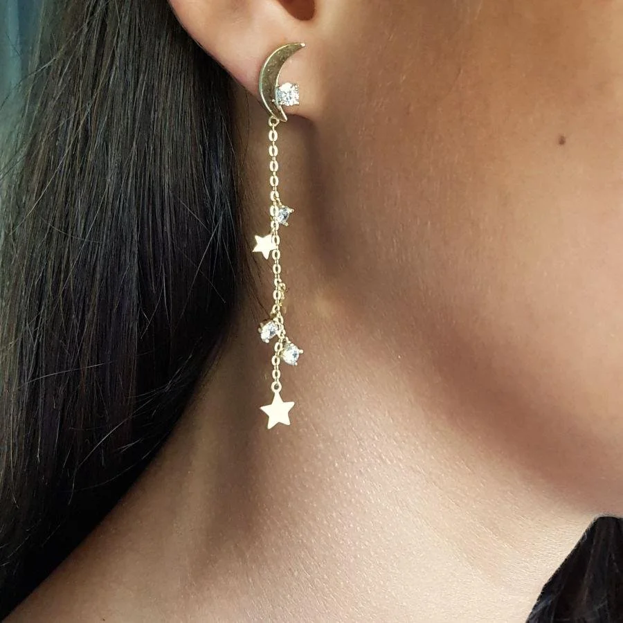 Ay ve Yıldız Zincirli Taşlı Gold Gümüş Kadın Küpe - 2