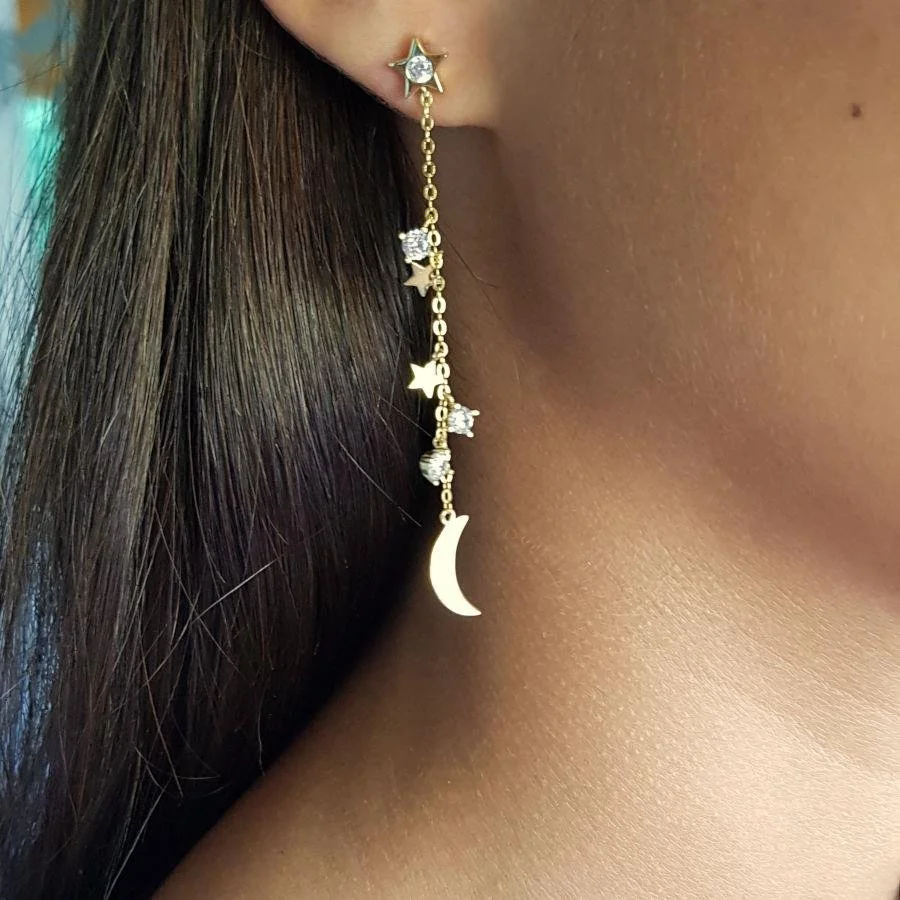 Ay ve Yıldız Zincirli Taşlı Gold Gümüş Kadın Küpe - 3