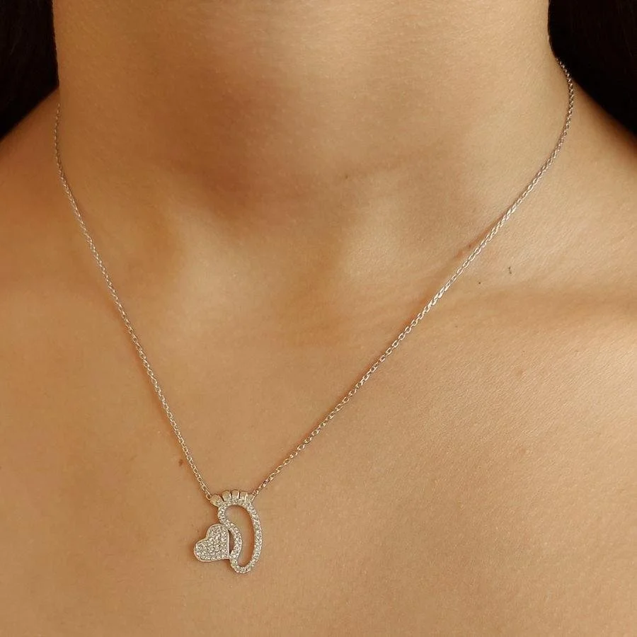 Baby Foot with Heart Silver Necklace