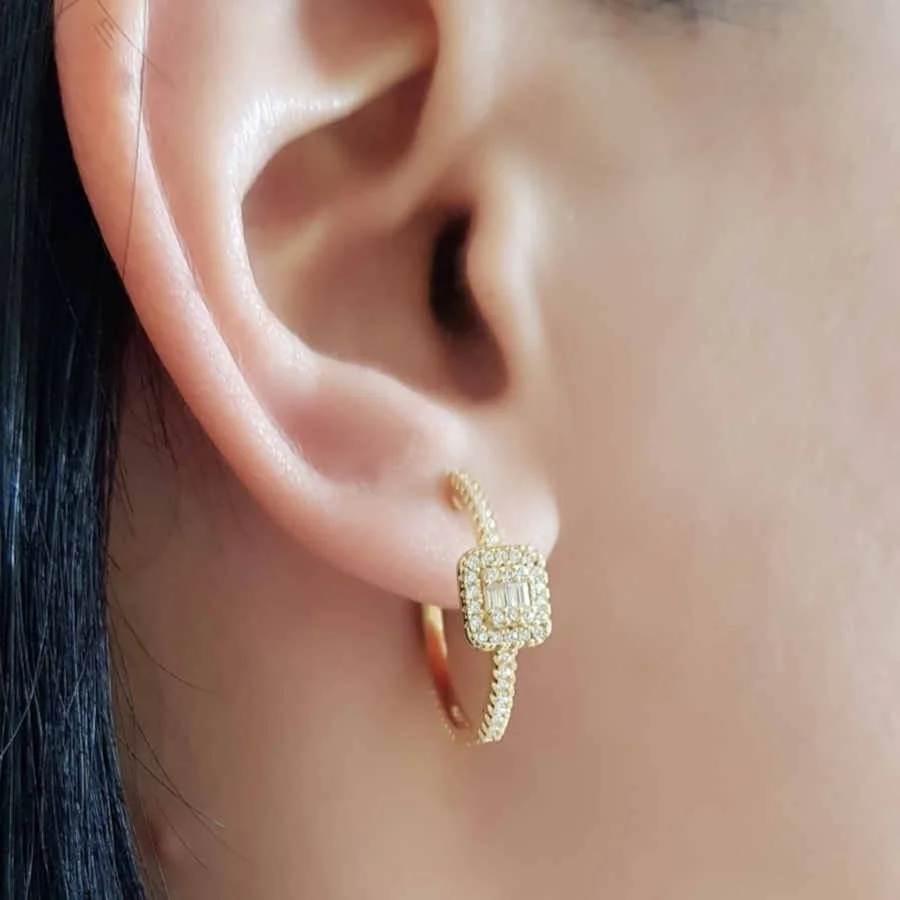 Baget Taşlı Gold Gümüş Halka Kadın Küpe - 2