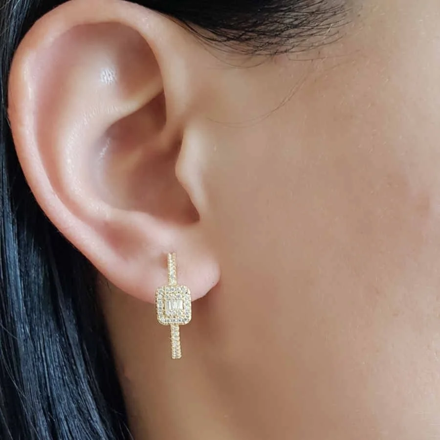 Baget Taşlı Gold Gümüş Halka Kadın Küpe - 3