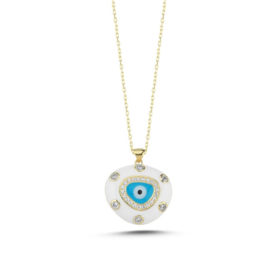White Blue Enamel Evil Eye Bead Silver Women's Necklace - CNG Jewels