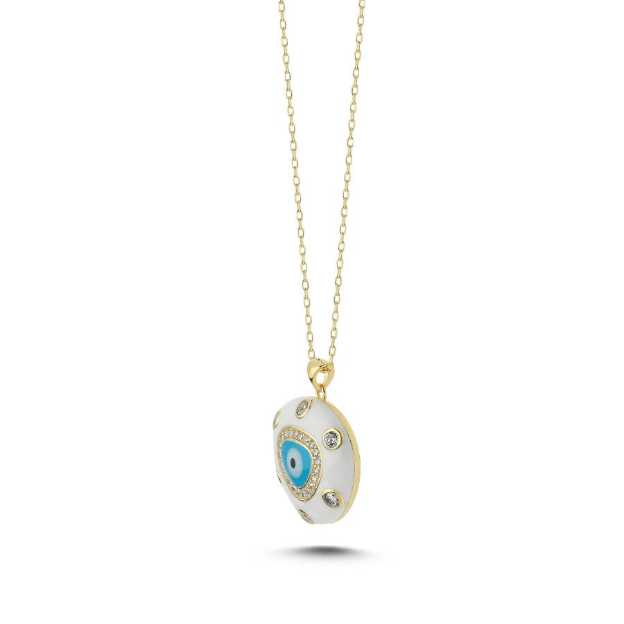 White Blue Enamel Evil Eye Bead Silver Women's Necklace - CNG Jewels (1)