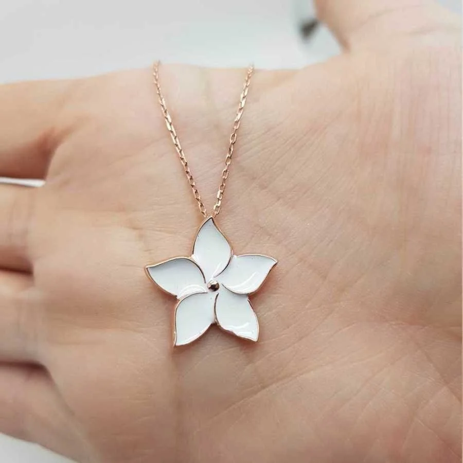 Beyaz Menekşe Çiçeği Gümüş Kadın Kolye - 2