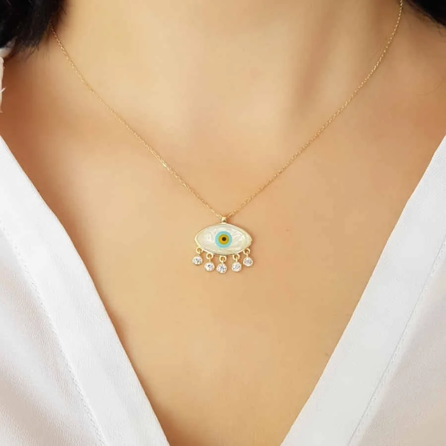 White Mother-of-Pearl Enamel Evil Eye Bead Women's Silver Necklace - 2