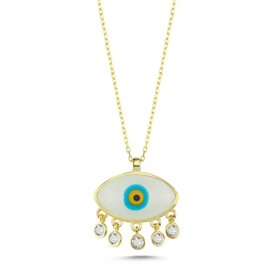 White Mother-of-Pearl Enamel Evil Eye Bead Women's Silver Necklace - 1