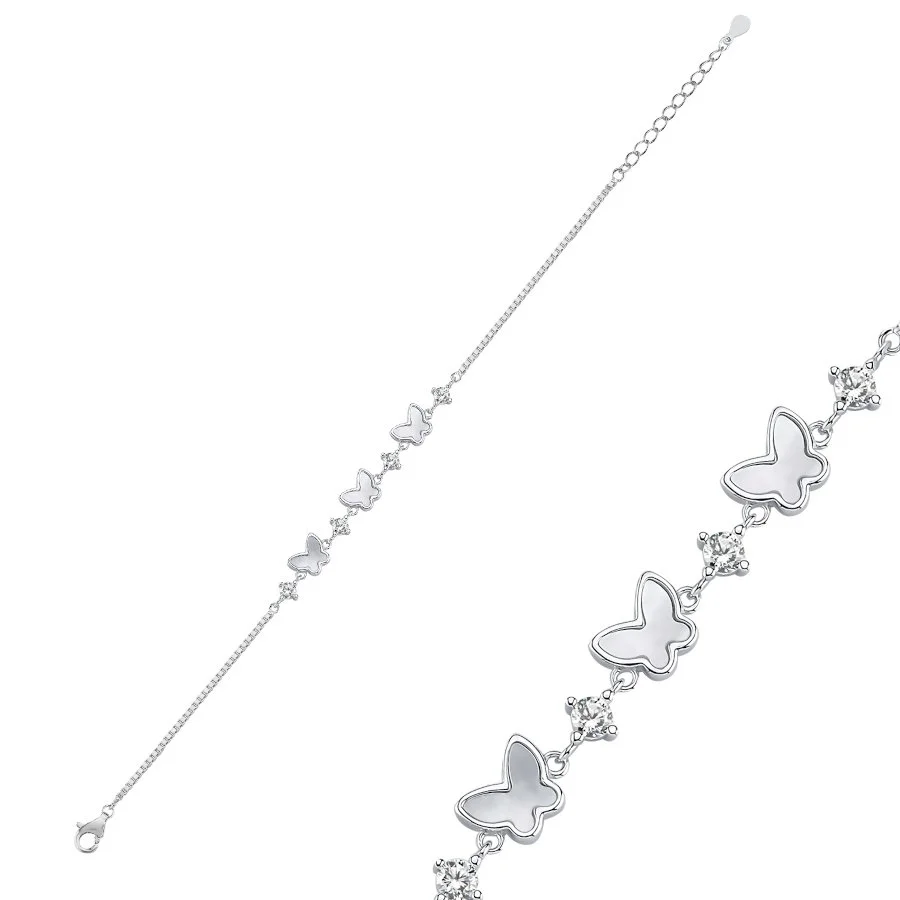 Beyaz Sedef Taşlı Kelebek Kadın Gümüş Bileklik - 1