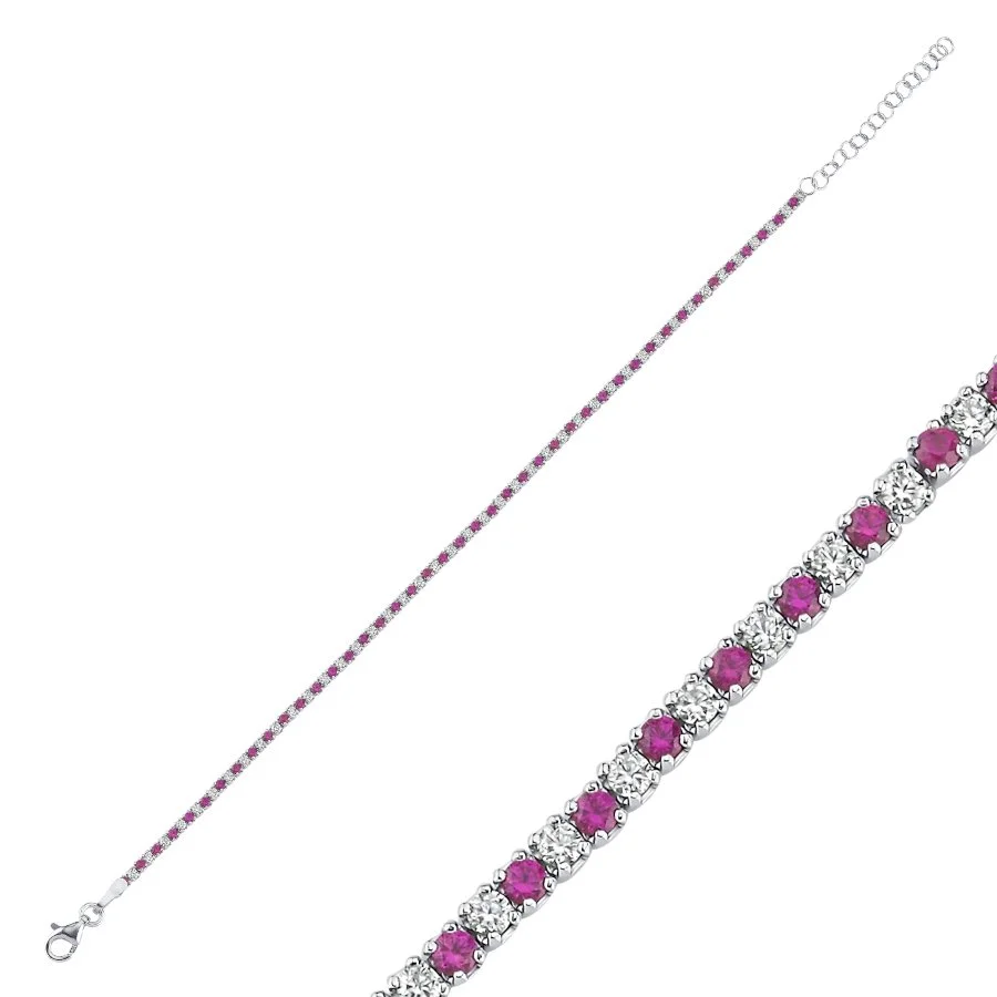 Beyaz ve Pembe Taşlı Minimal Gümüş Su Yolu Bileklik - 3