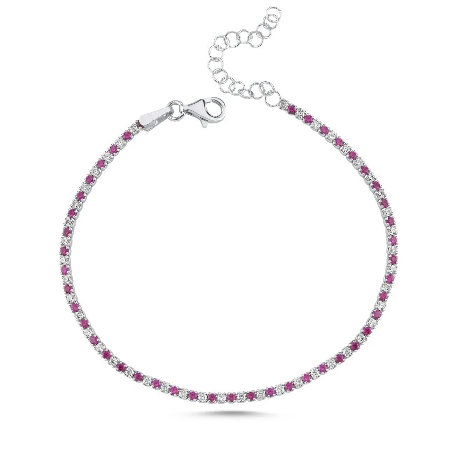 Beyaz ve Pembe Taşlı Minimal Su Yolu Kadın Gümüş Bileklik - 1