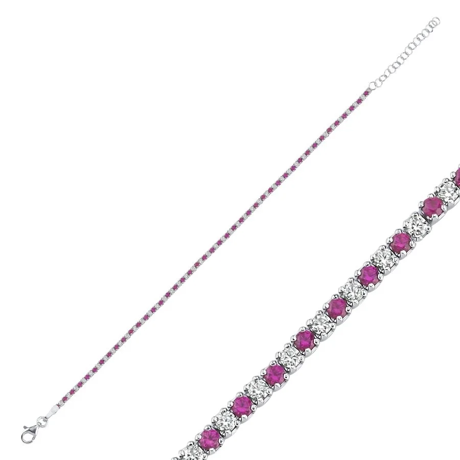 Beyaz ve Pembe Taşlı Minimal Su Yolu Kadın Gümüş Bileklik - 2