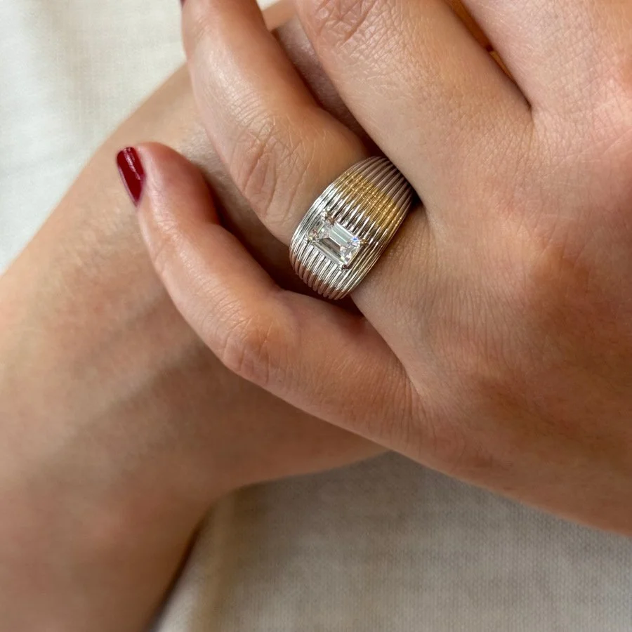 Bombe Çizgili Baget Tektaş Kadın Gümüş Yüzük - 3