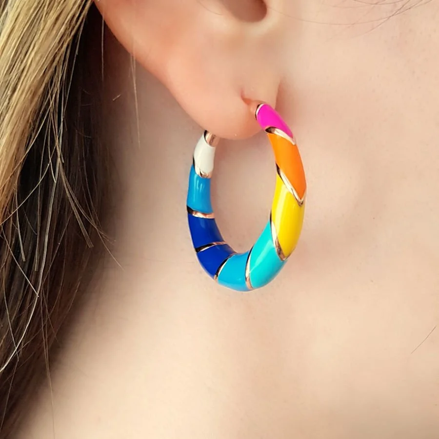 Büyük Renkli Dilimli Gümüş Halka Küpe - 2