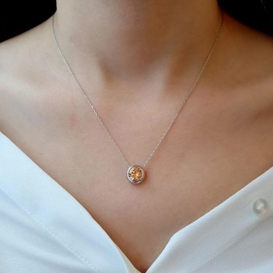 Büyük Şampanya Tektaş Gümüş Kadın Kolye - 2