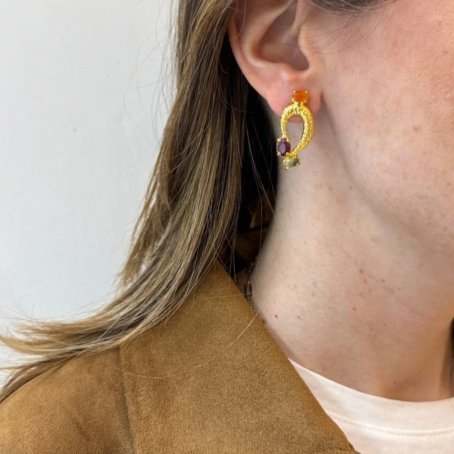 Carnelian Yakut Peridot Taşlı Lucy Gümüş Küpe - 2