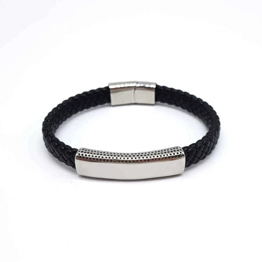 Çelik Plaka Siyah Örgü Derili Erkek Bilekliği - 1