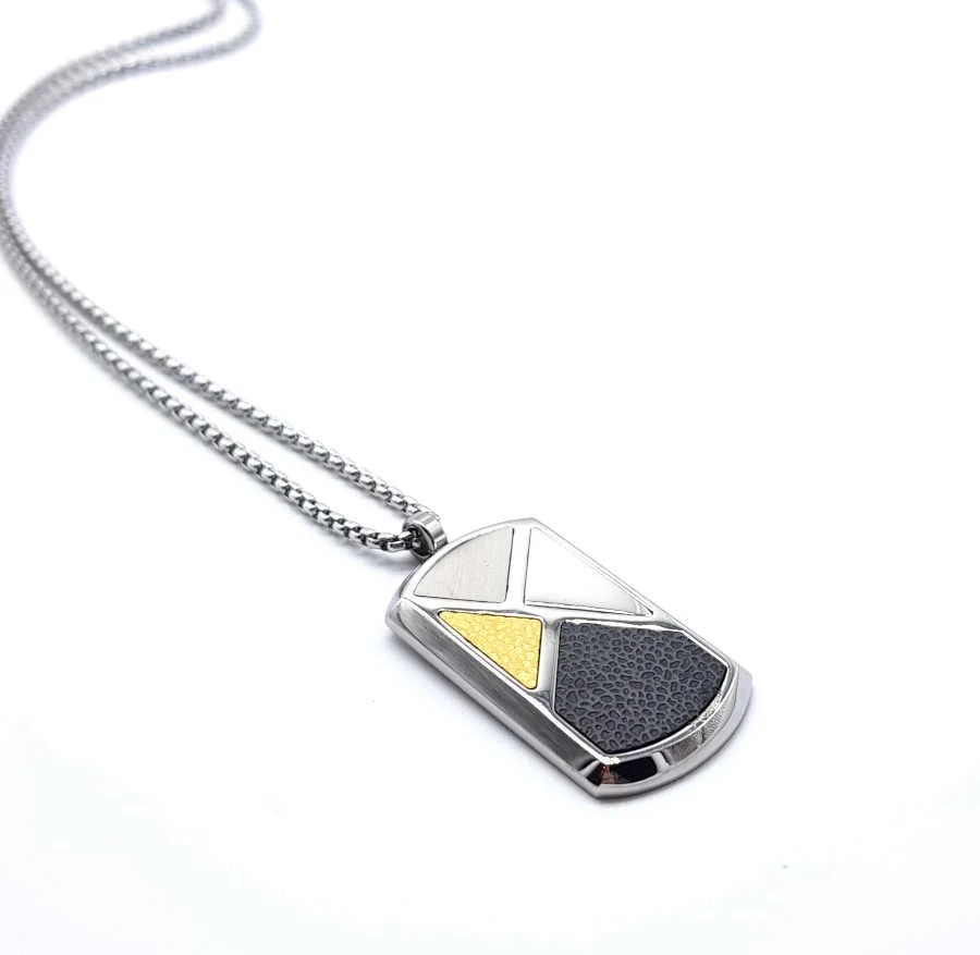 Beyaz Çelik Plaka Üzeri Renkli Desenli Çelik Erkek Kolye - 1