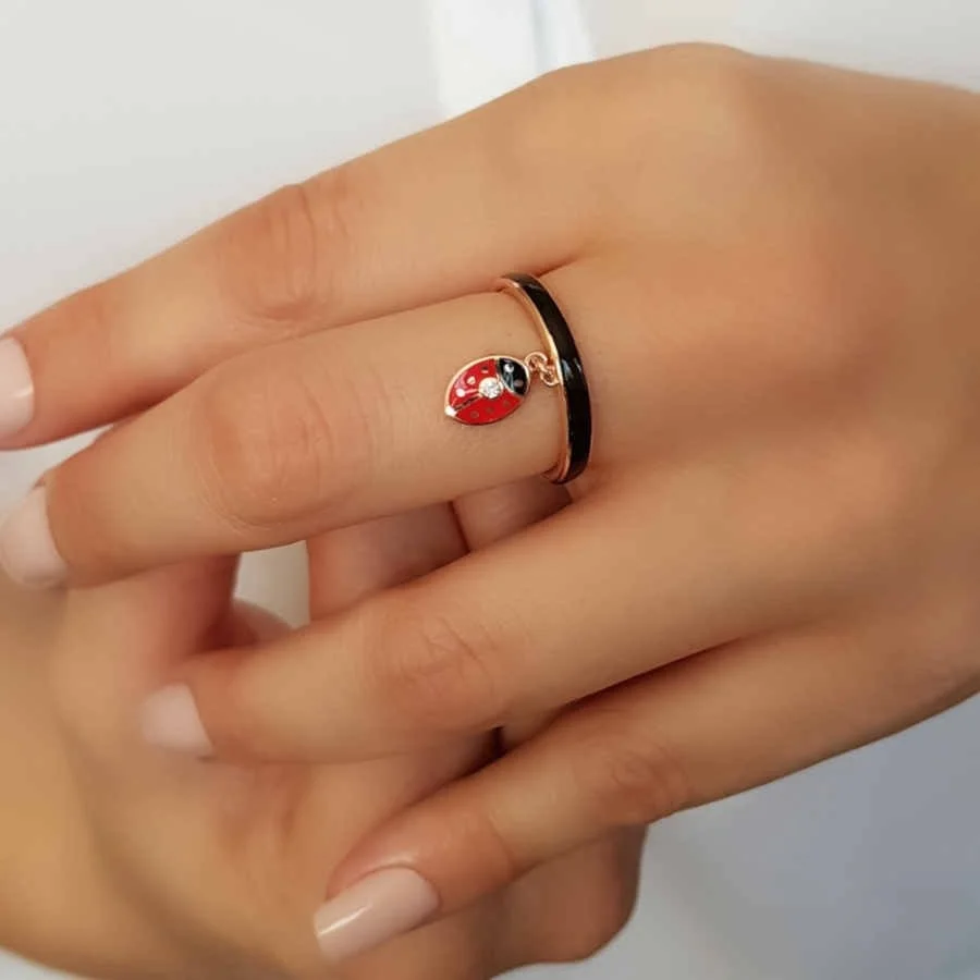 Black Enamel Ladybug Silver Women's Ring - 1