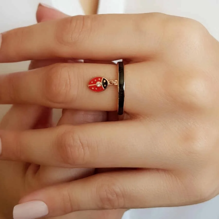 Black Enamel Ladybug Silver Women's Ring - 2