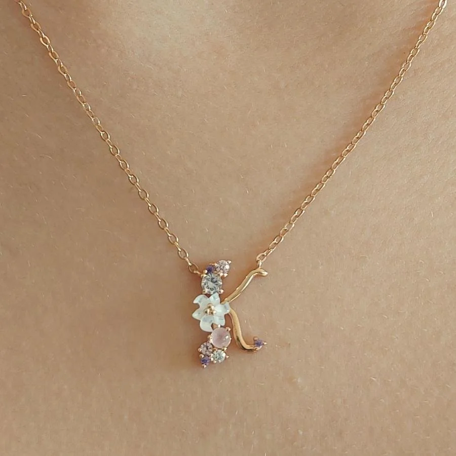 Floral Letter K Silver Women's Necklace - 1