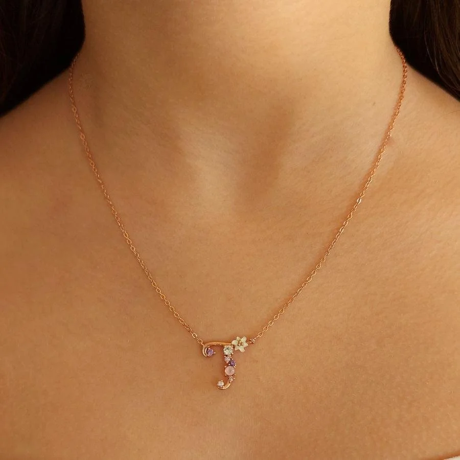 Çiçekli T Harfi Gümüş Kadın Kolye - 2