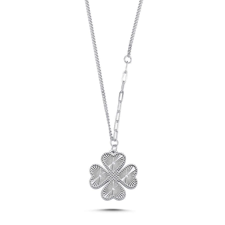 Double-Sided Shiny Embroidered Four Leaf Clover Women's Silver Necklace - CNG Jewels