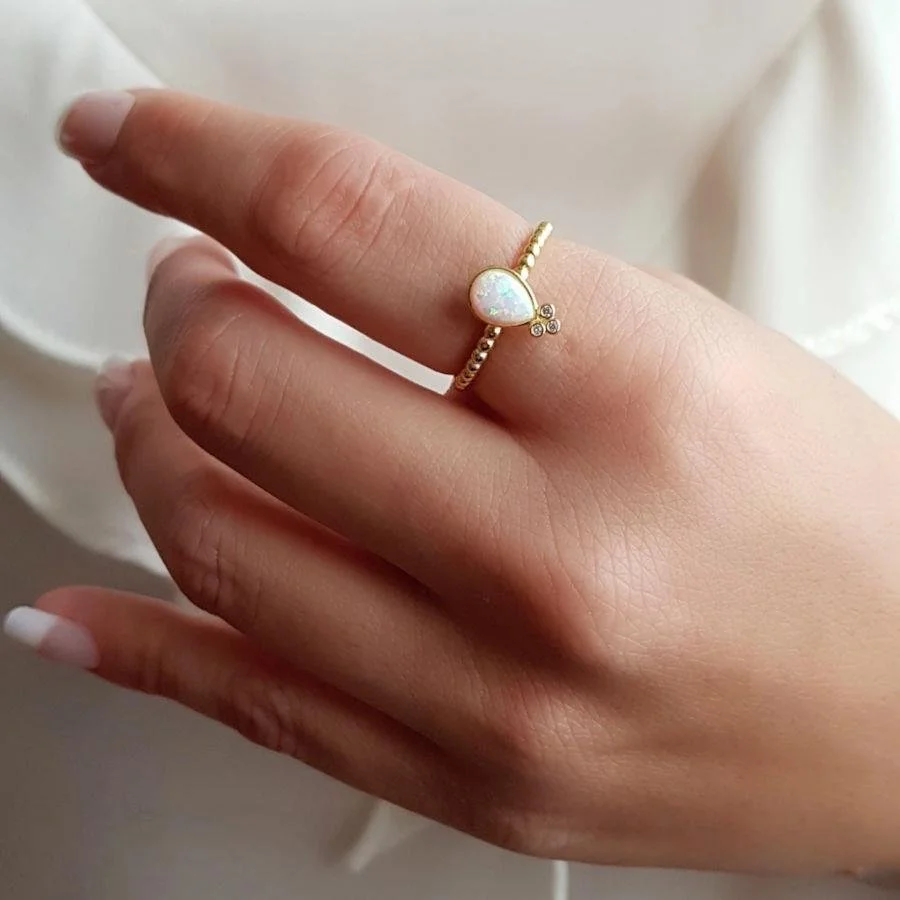 Drop White Opal Gold Silver Women's Ring - 1
