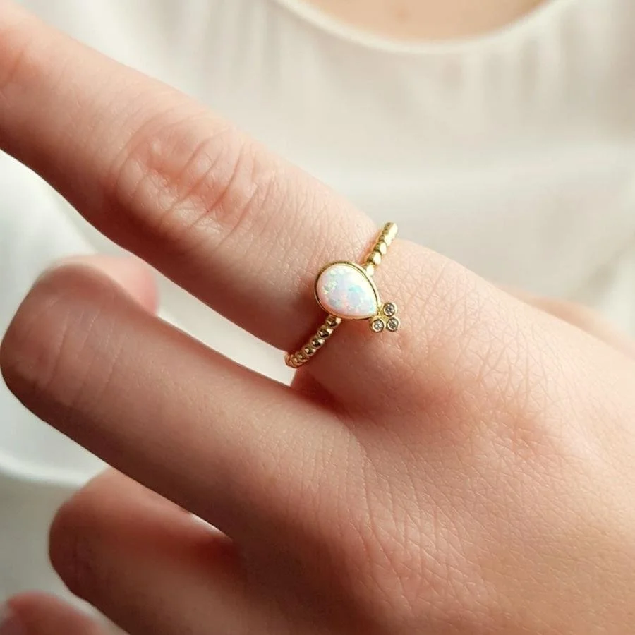 Damla Beyaz Opal Gold Gümüş Kadın Yüzük - 2