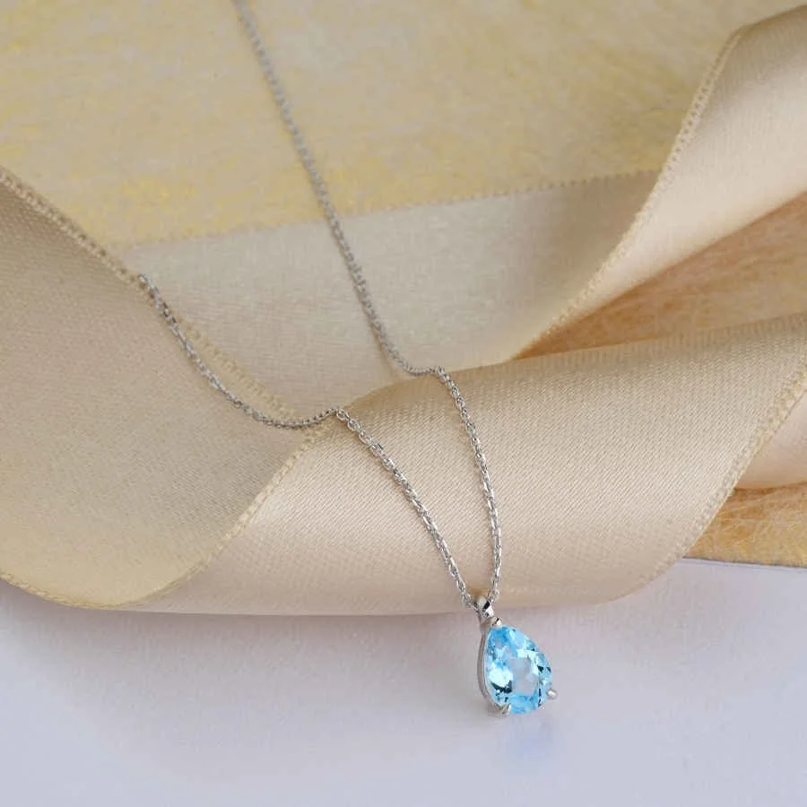 Damla Blue Topaz Beyaz Altın Kolye