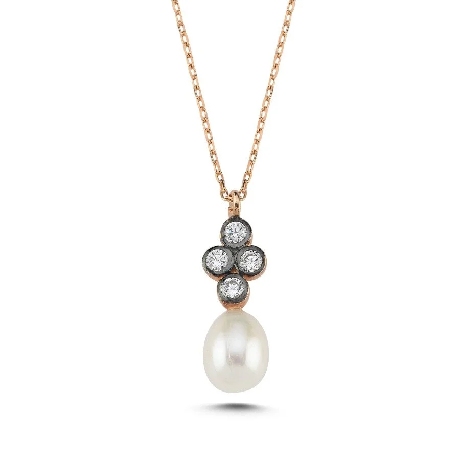Drop Real Pearl Diamond Women's Silver Necklace - 1