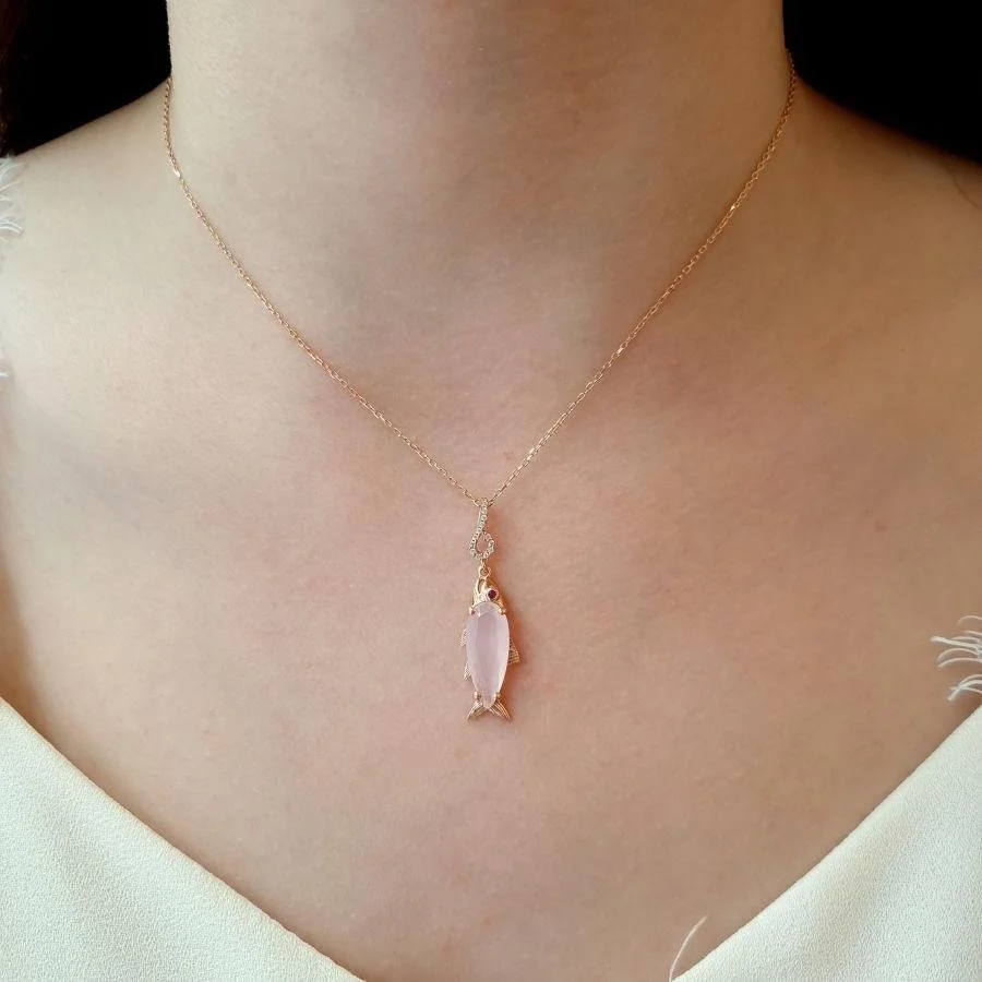 Damla Pembe Kuvars Taşlı Balık Rosegold Gümüş Kadın Kolye - 2