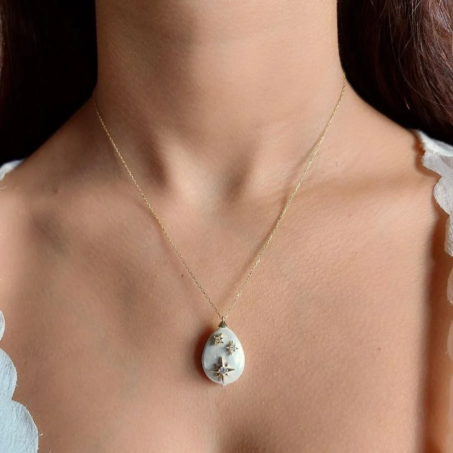 Drop Mother-of-Pearl Pole Star Silver Women's Necklace - 1