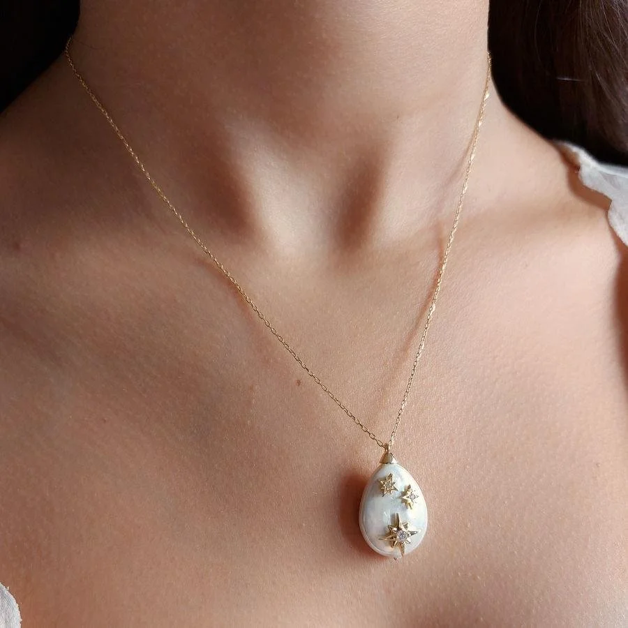 Drop Mother-of-Pearl Pole Star Silver Women's Necklace - 2