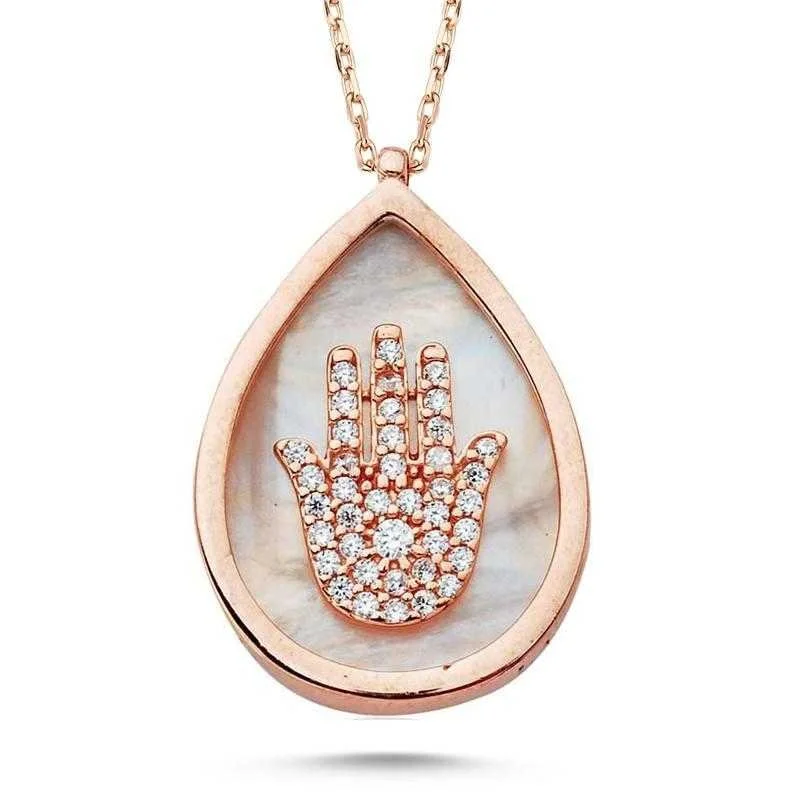 Silver Women's Necklace with Drop Stones and Hand of Fatima - 1