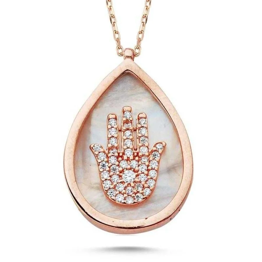 Damla Taşlı Fatma Ana Eli Gümüş Kadın Kolye - 1