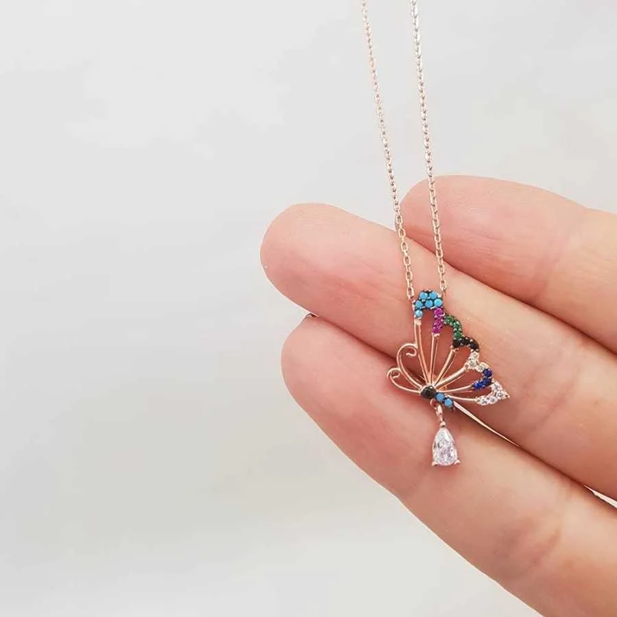 Damla Taşlı Renkli Kelebek Gümüş Kadın Kolye - 1