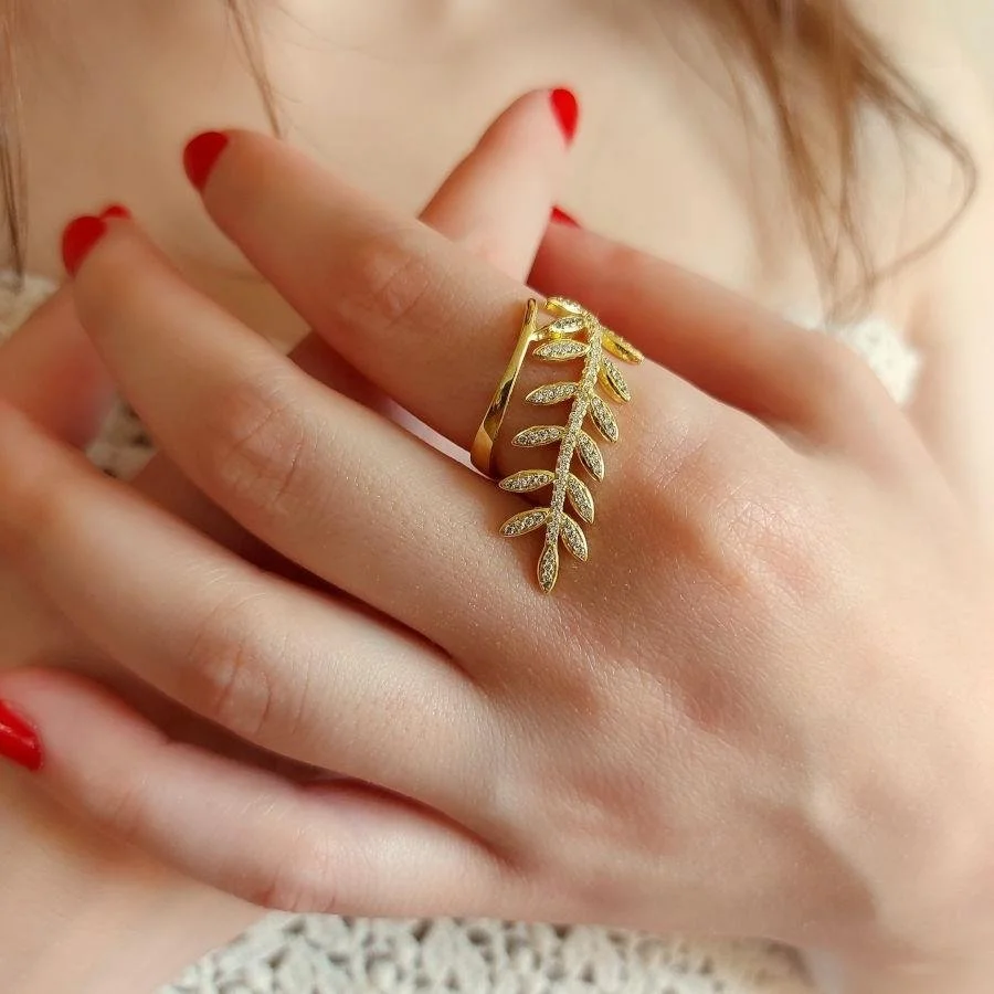 Defne Yaprağı Gold Kadın Gümüş Yüzük - 1