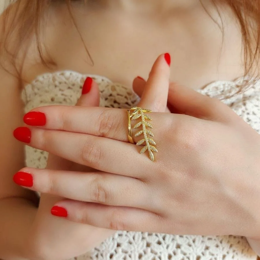 Defne Yaprağı Gold Kadın Gümüş Yüzük - 2