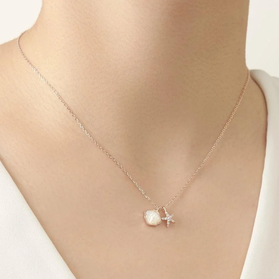 Deniz Yıldızı İstiridye Rose Gümüş Kadın Kolye - 1