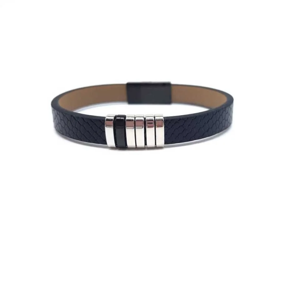 Desenli Siyah Derili Çelik Erkek Bileklik - 1