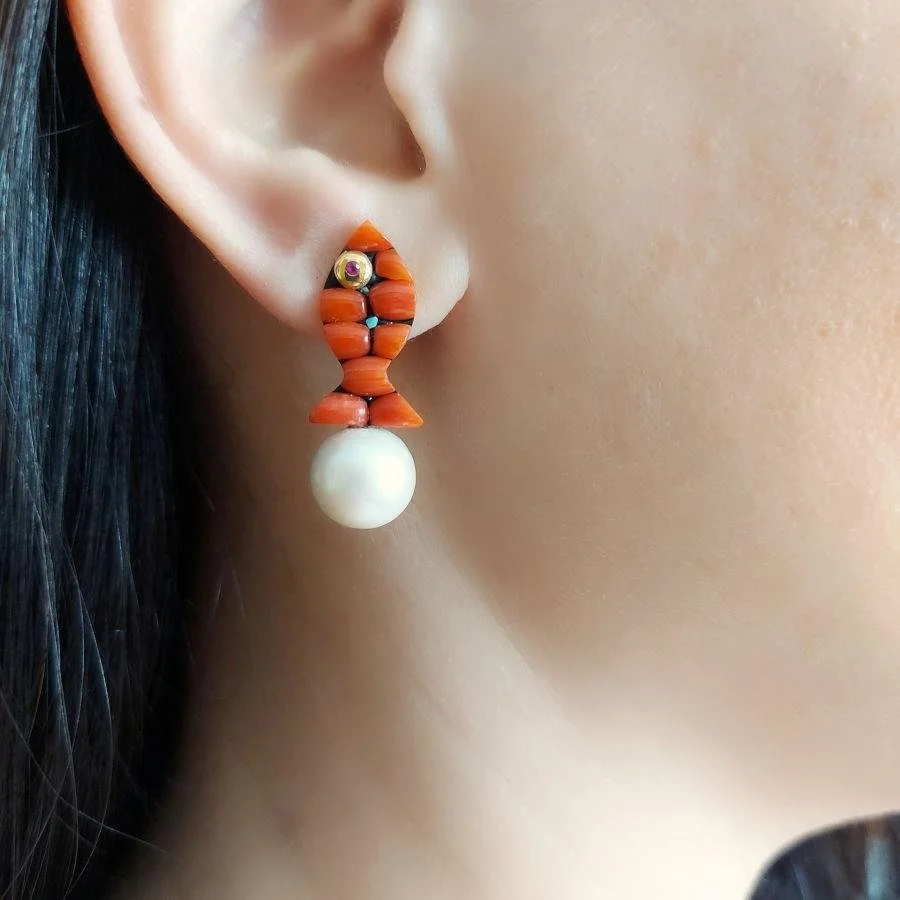 Design Coral Fish and Natural Pearl Earrings