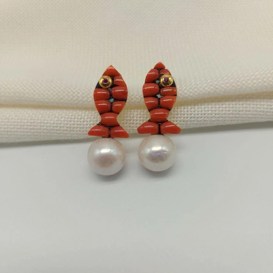 Design Coral Fish and Natural Pearl Earrings