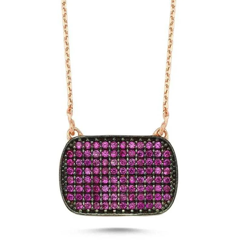 Rectangular Ruby Stone Silver Women's Necklace - 1